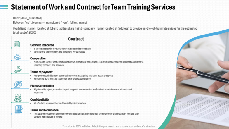 Statement of Work and Contract for Team Training Services PPT Template