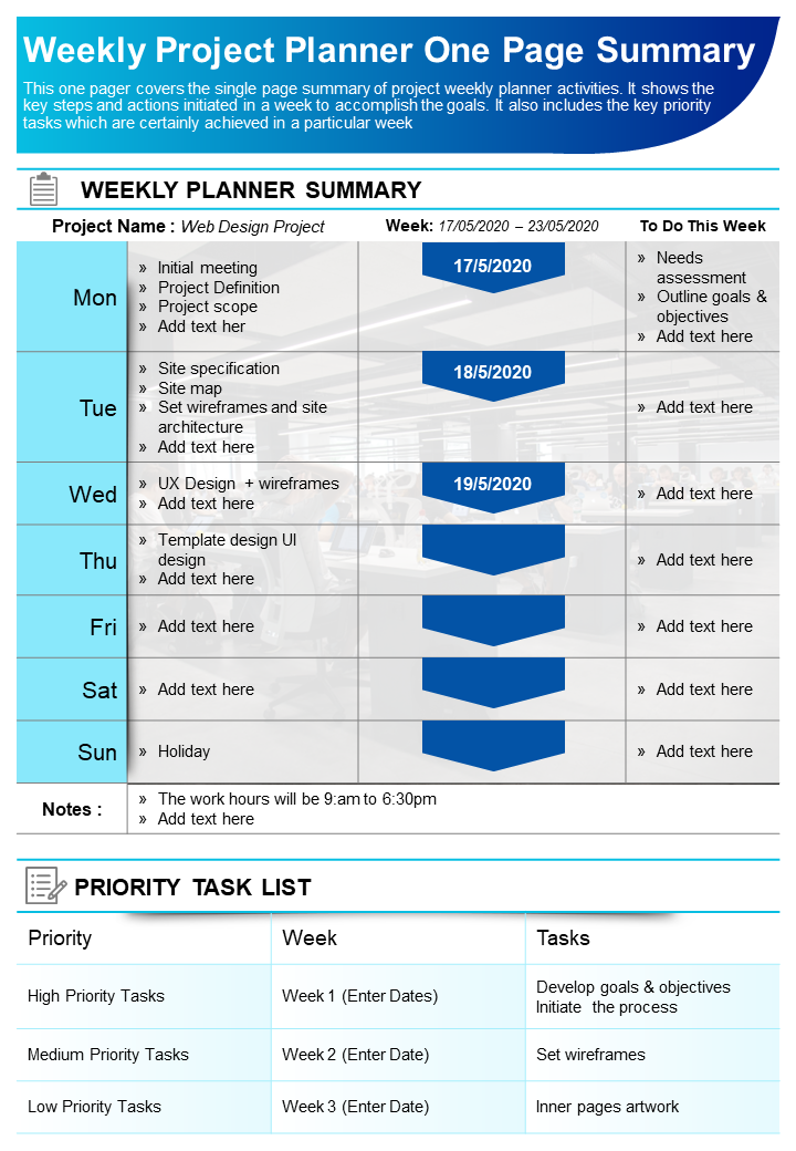 Weekly Project Planner One Page Summary
