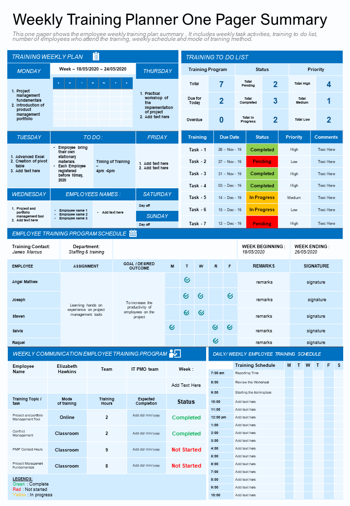 Weekly Training Planner One Pager Summary