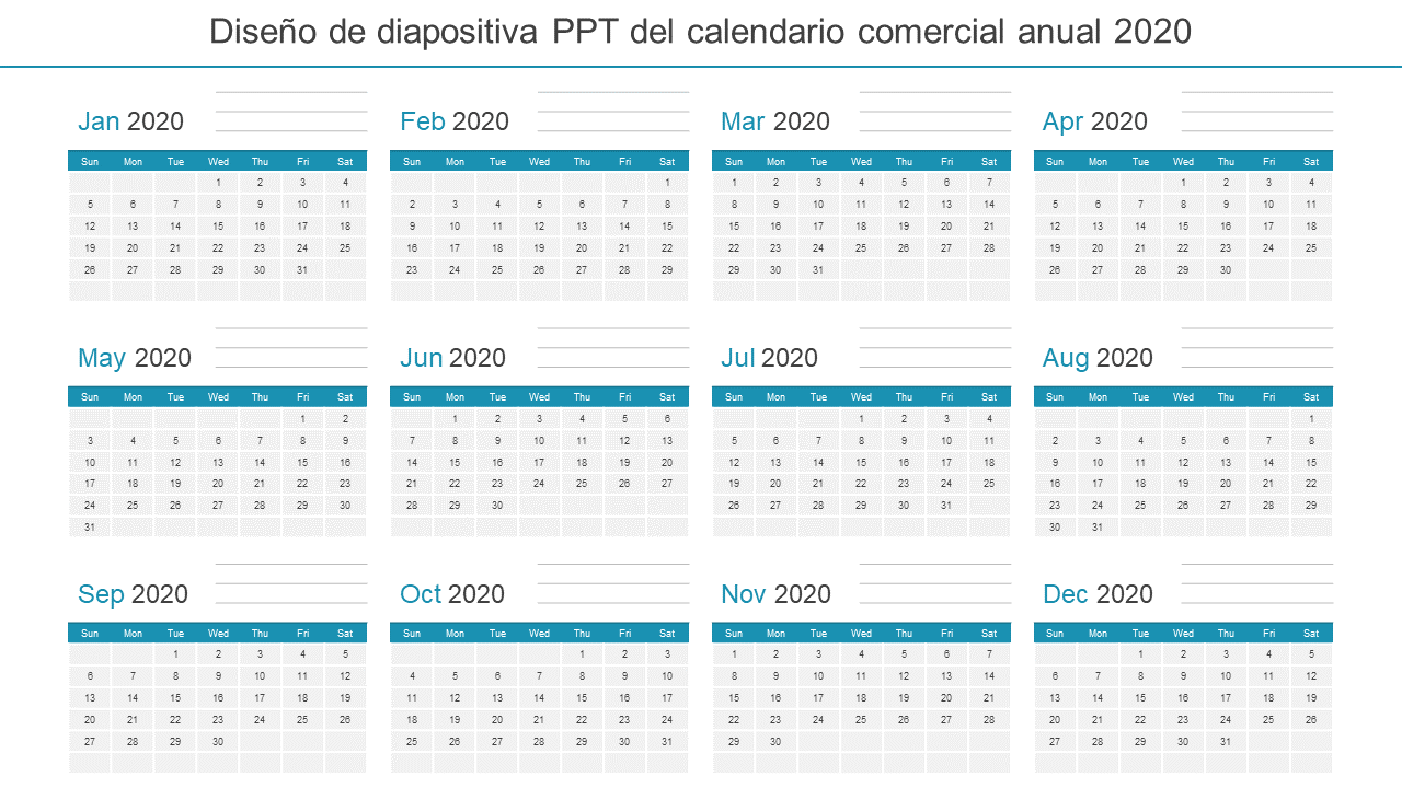 calendario comercial anual 2020 ppt diseño de diapositiva wd