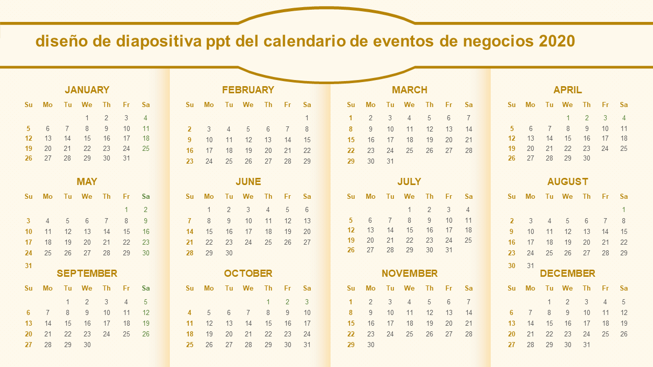 eventos de negocios 2020 calendario ppt diseño de diapositivas wd