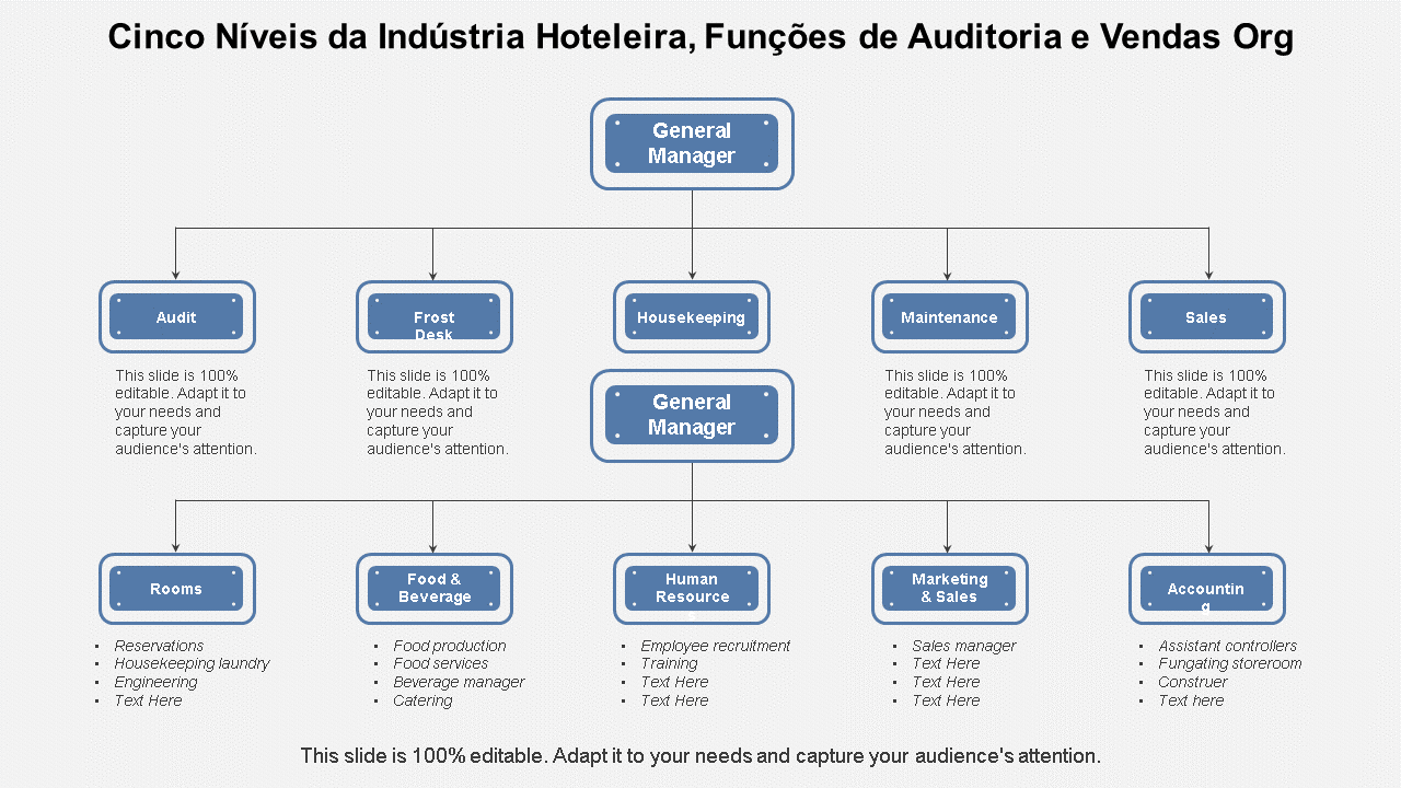 cinco níveis de funções de auditoria e vendas da indústria hoteleira organograma wd 