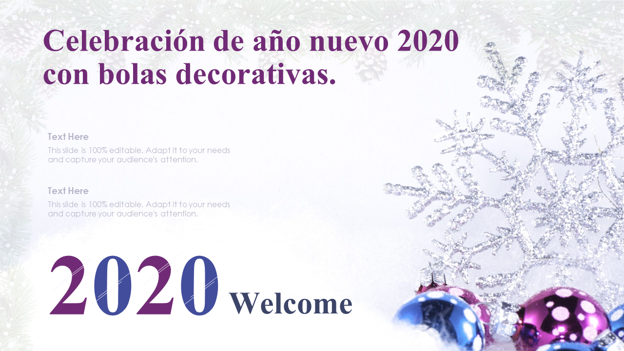 celebración de año nuevo 2020 con bolas decorativas diseño ppt wd