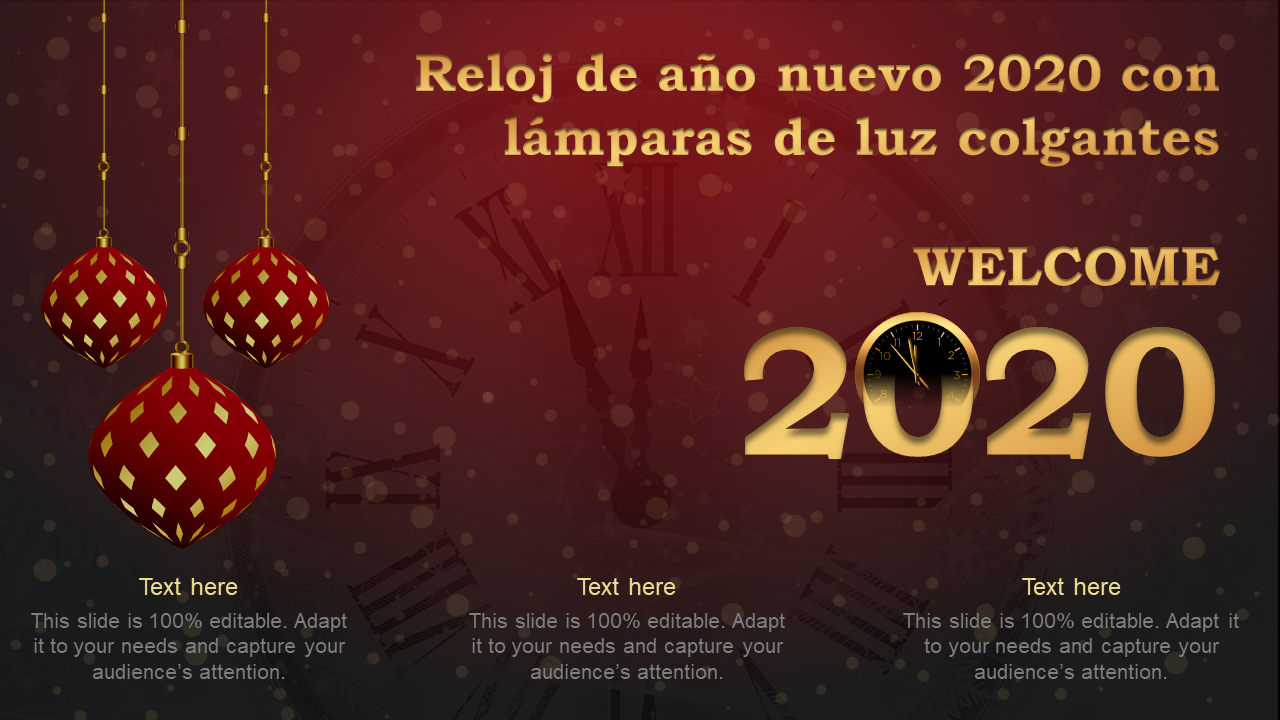 reloj de año nuevo 2020 con lámparas colgantes ideas ppt wd