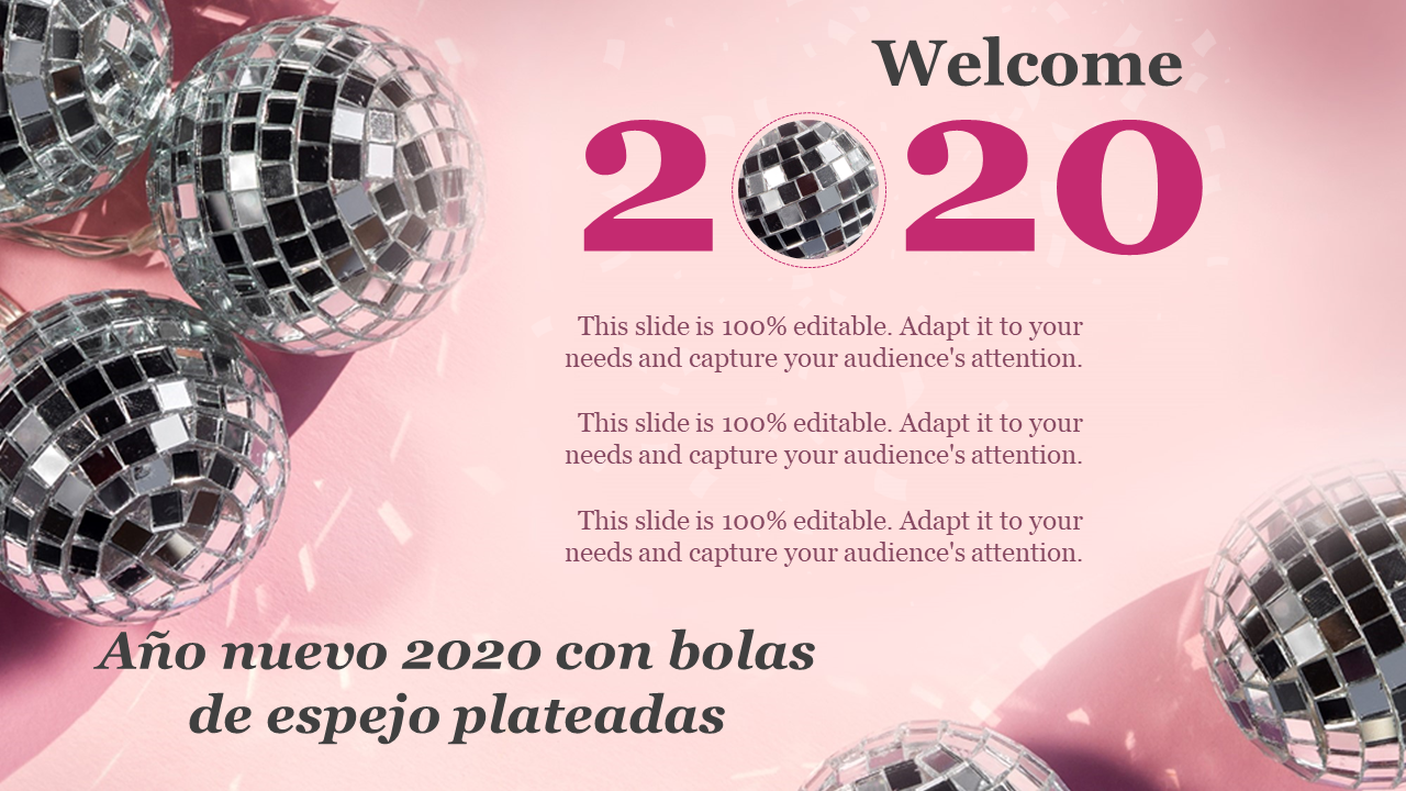 año nuevo 2020 con bolas de espejo plateadas ppt estilos wd
