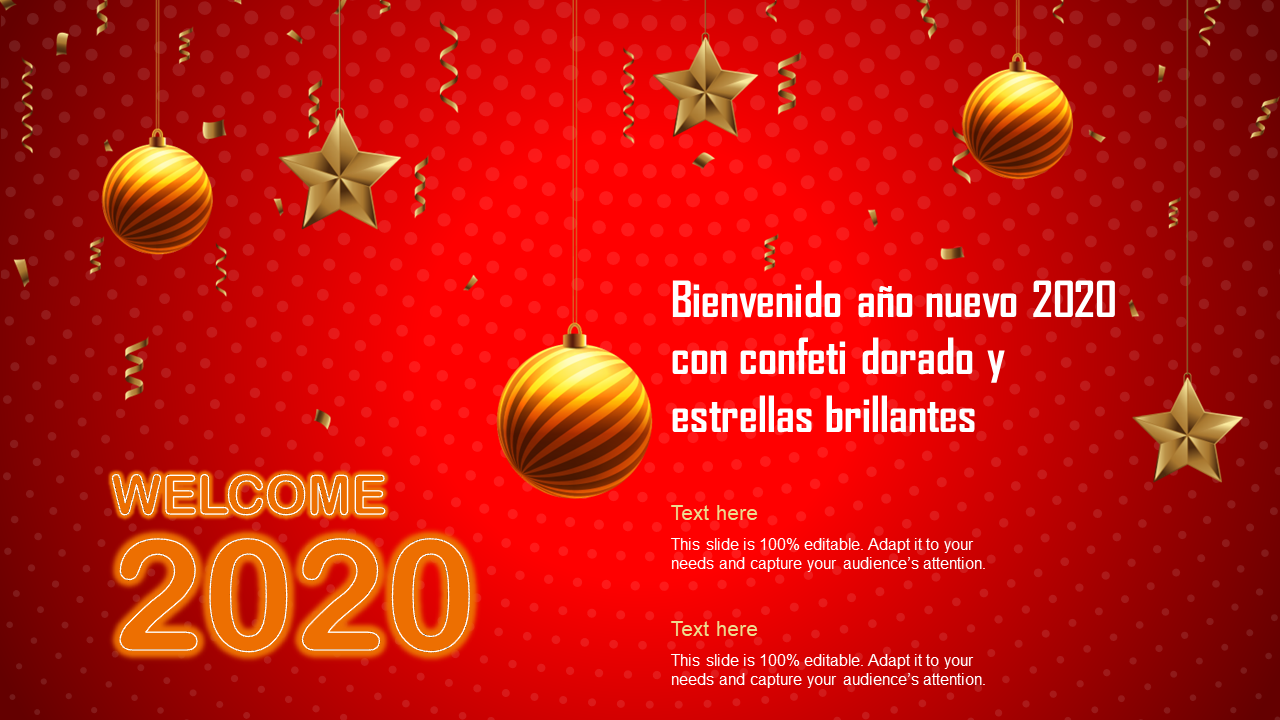 bienvenido año nuevo 2020 con confeti dorado y estrellas brillantes reglas ppt wd