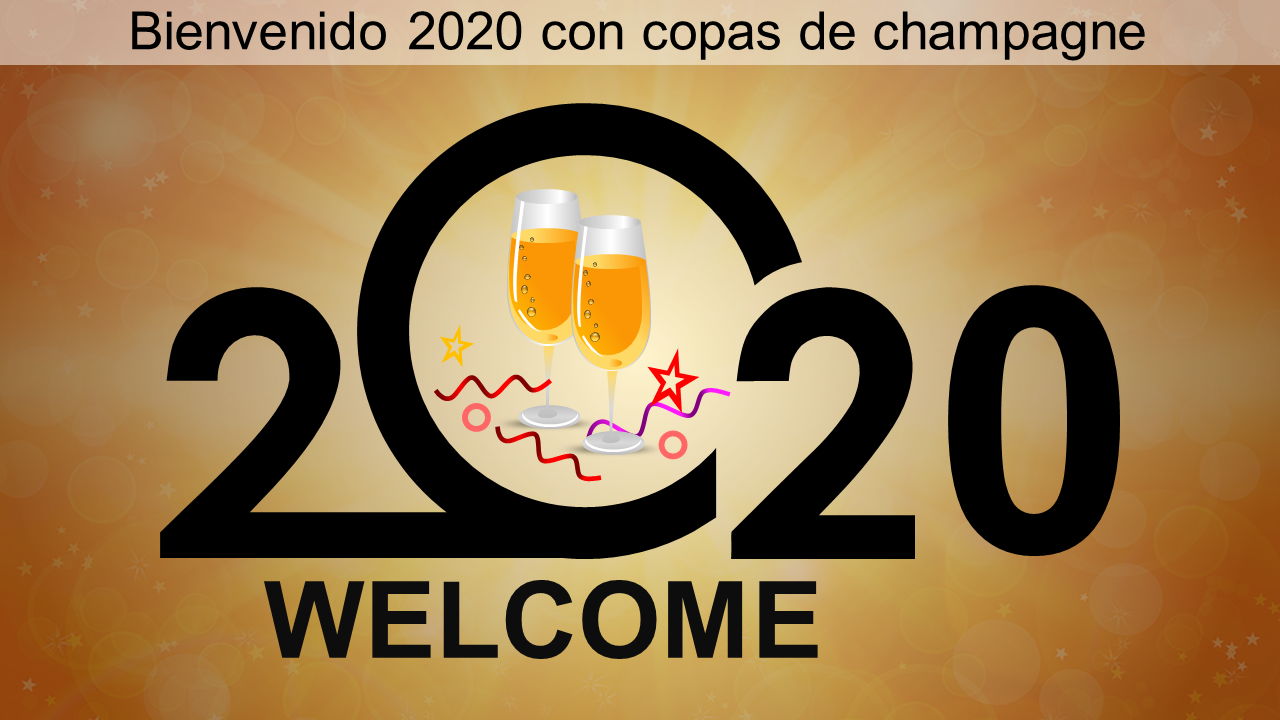 Bienvenida 2020 con copas de champán ppt iconos wd