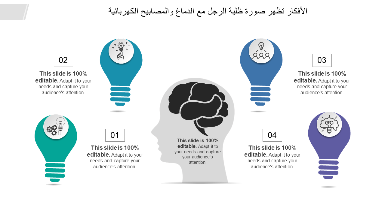 الأفكار تظهر صورة ظلية الرجل مع الدماغ والمصابيح الكهربائية 
