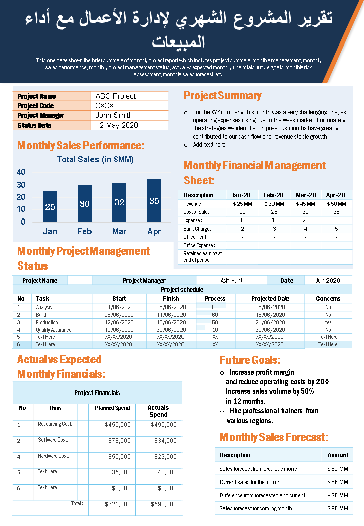 تقرير المشروع الشهري لإدارة الأعمال مع تقرير أداء المبيعات infographic ppt pdf document wd 