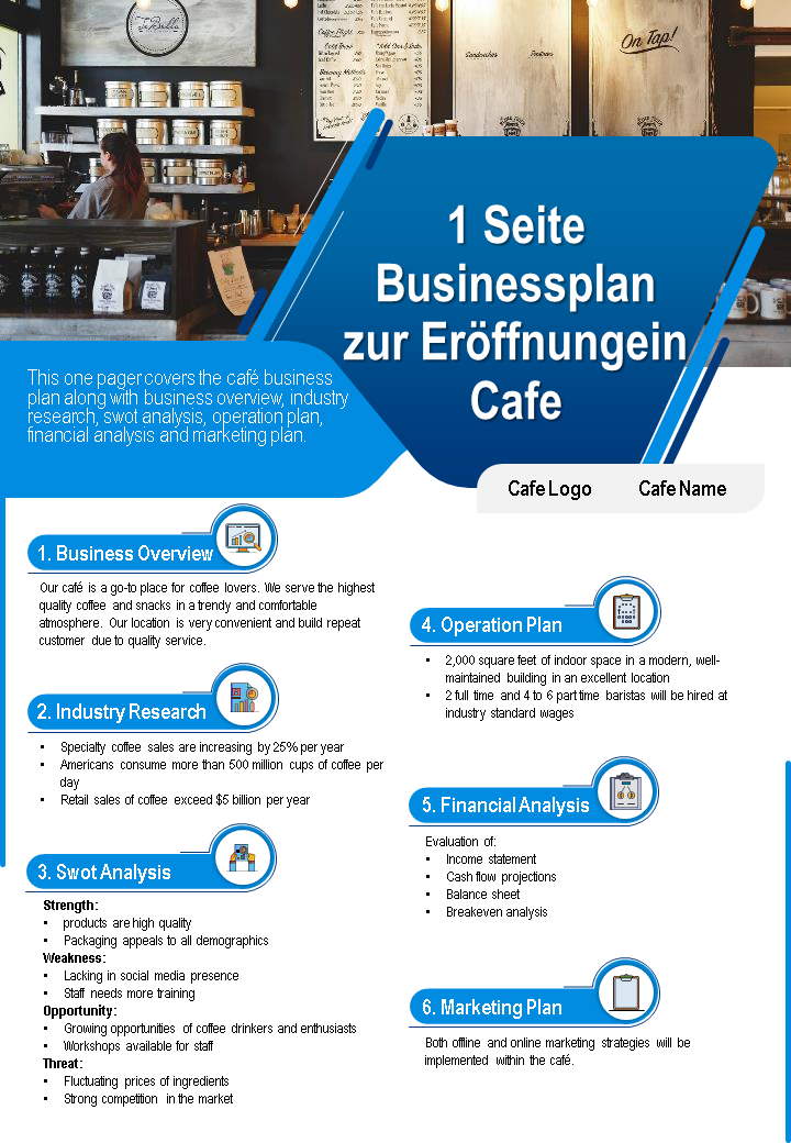1 Seite Geschäftsplan für die Eröffnung eines Cafés Präsentationsbericht Infografik PPT PDF Dokument wd 