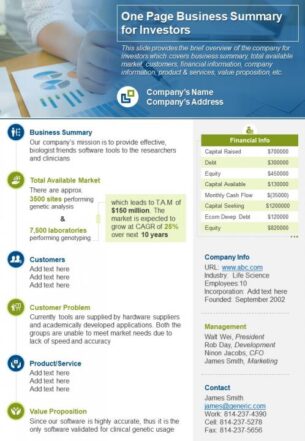 One page business summary for investors document ppt pdf doc printable
