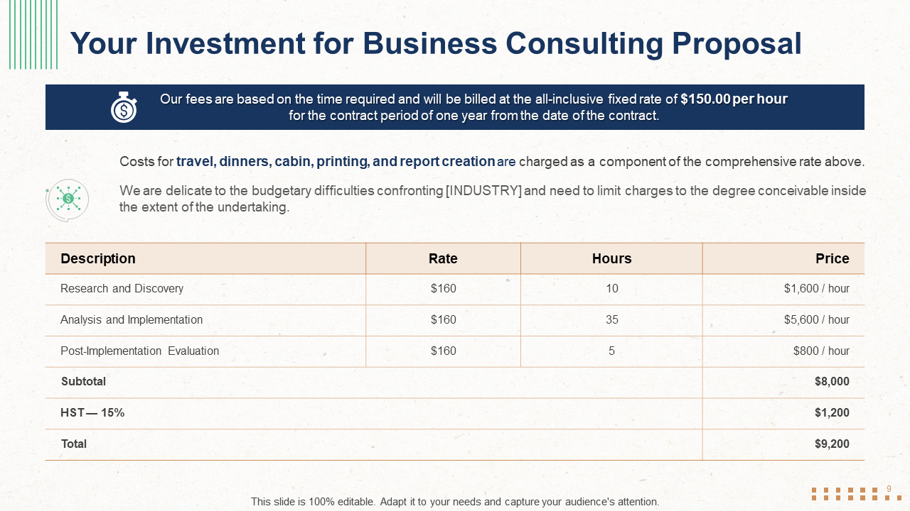 Business Consulting Proposal Service Charges And Investment Template