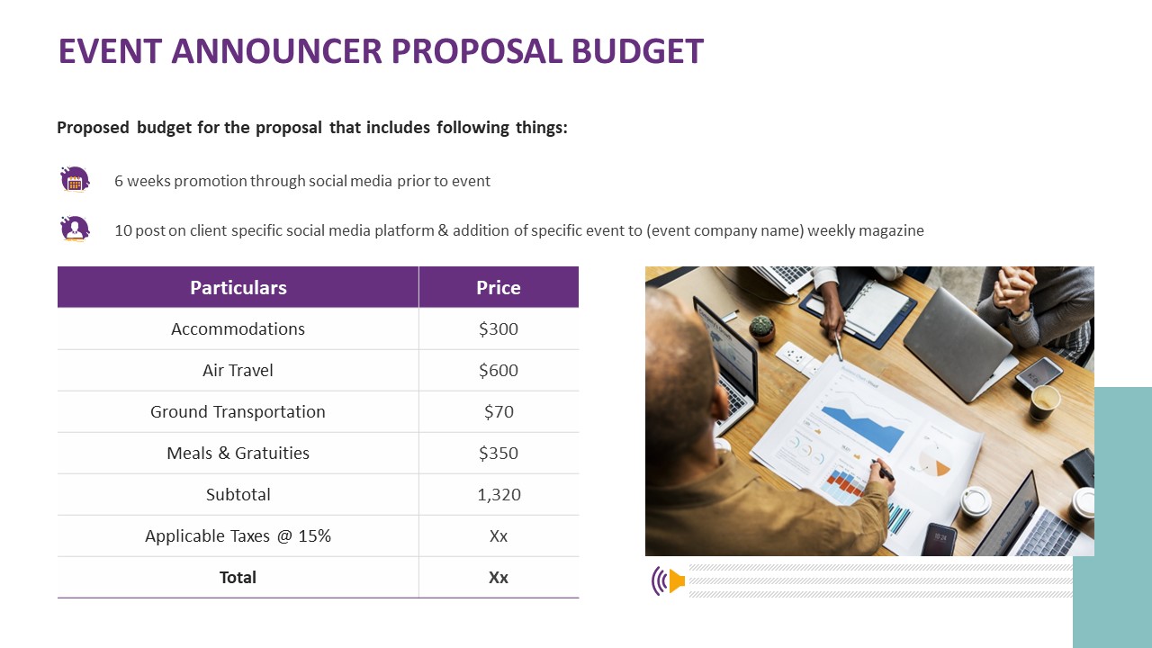 Event announcer proposal budget accommodations ppt powerpoint slides