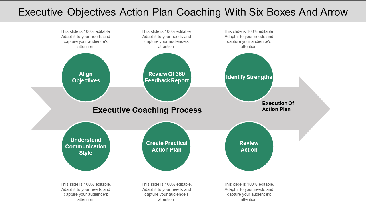 Executive Objectives Action Plan Coaching With Six Boxes And Arrow