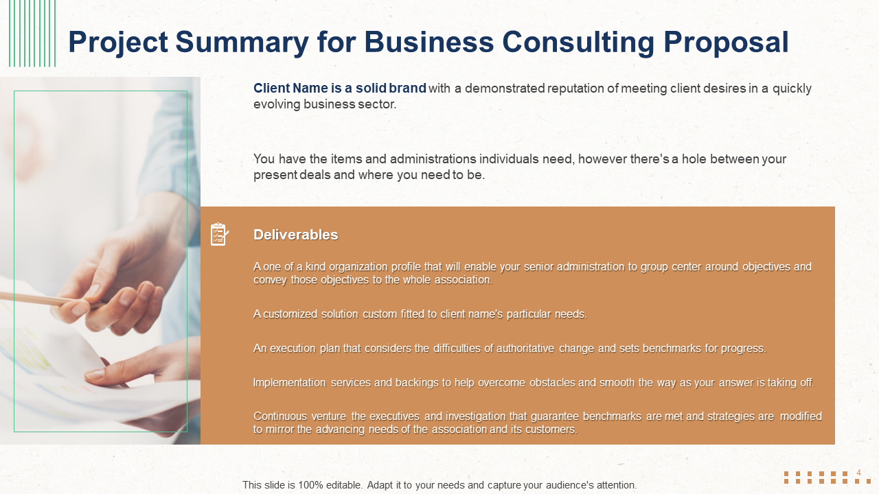 Executive summary and Deliverables For Business Consulting Proposal Templates