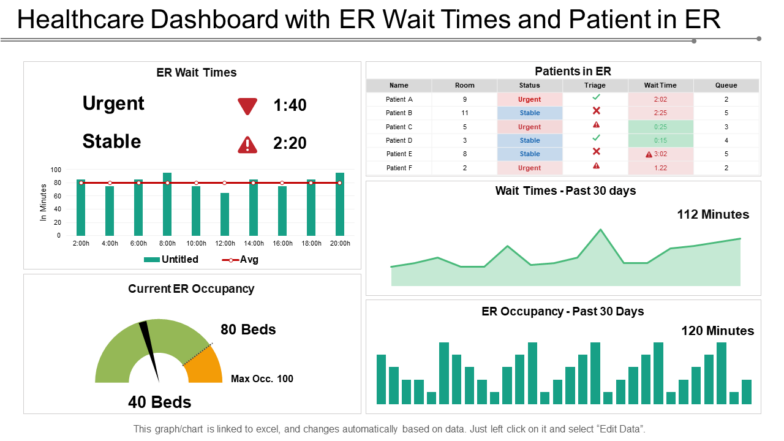 Healthcare Dashboard with ER Wait Times and Patient in ER PPT Template