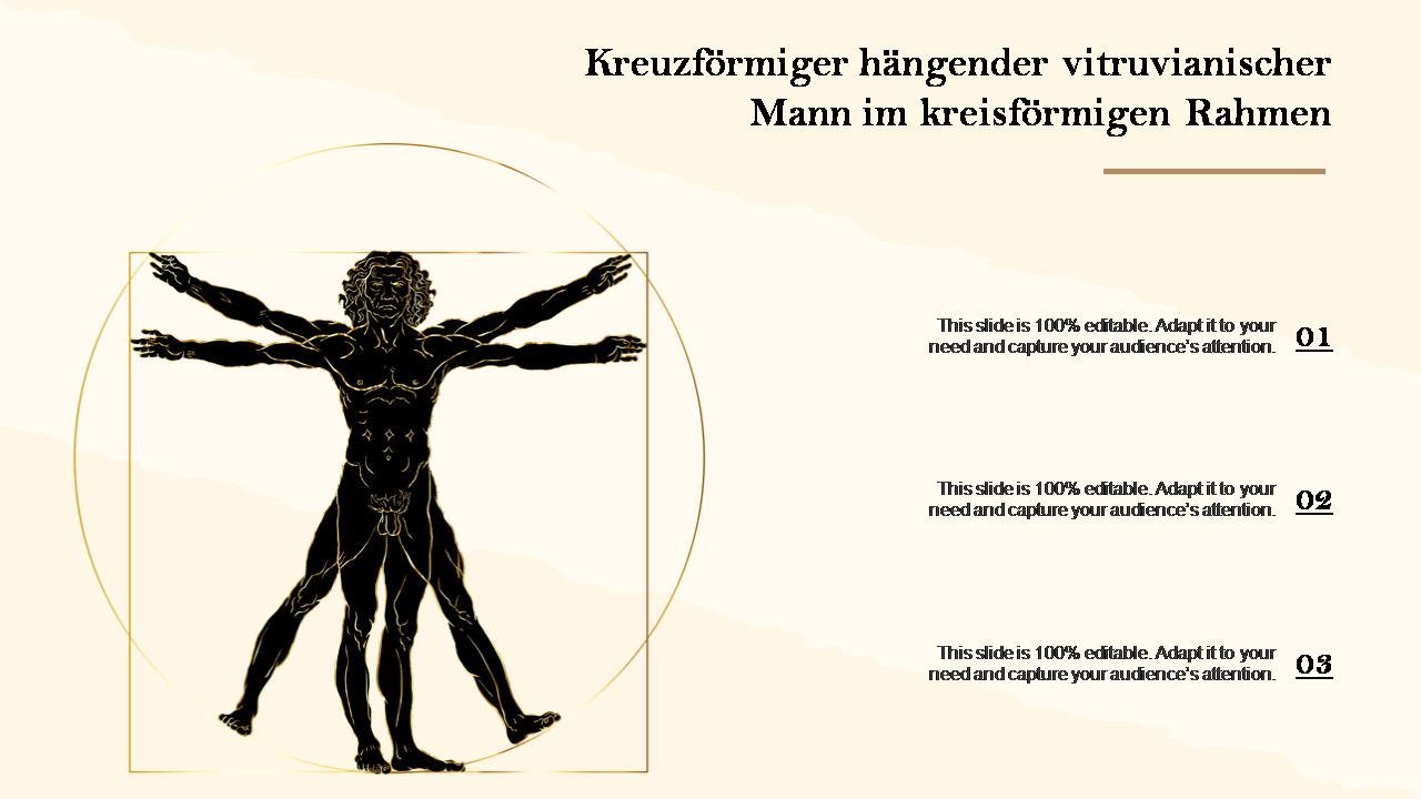 Kreuzförmiger hängender vitruvianischer Mann im kreisförmigen Rahmen Kreuzförmiger hängender vitruvianischer Mann im kreisförmigen Rahmen