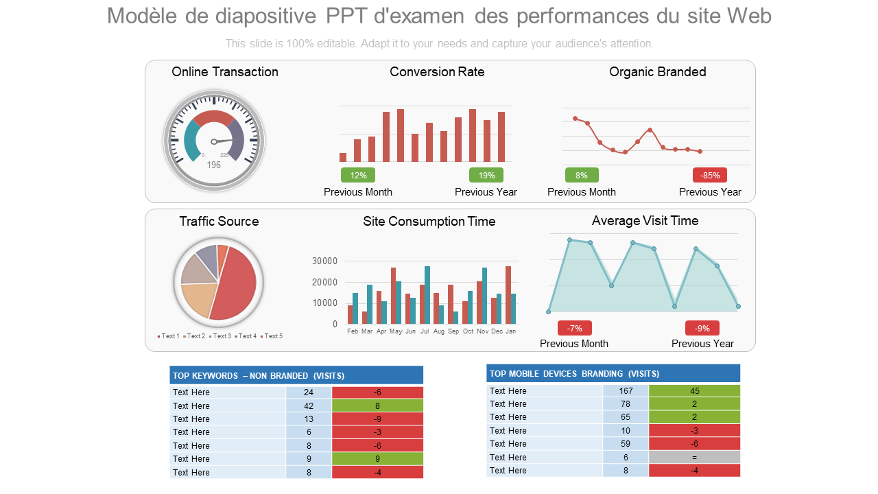 Modèle de diapositive PPT d'examen des performances du site Web 