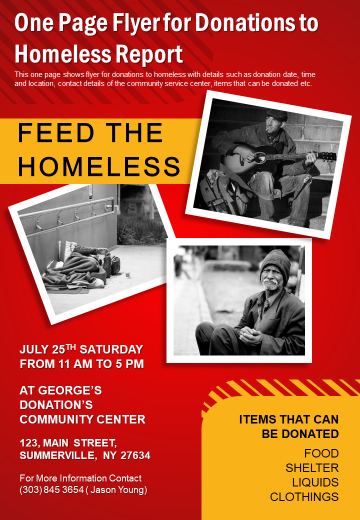One Page Flyer for Donations to Homeless Report PPT Template