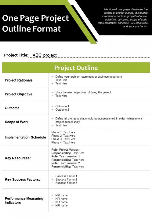 One-Page Project Outline Format Presentation Report PPT