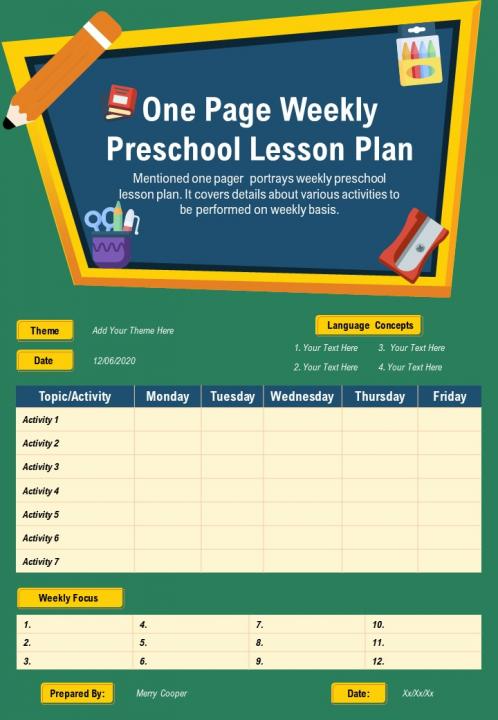 One-Page Weekly Preschool Lesson Plan