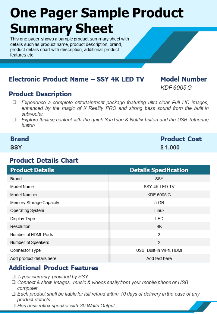 One Pager Sample Product Summary Sheet
