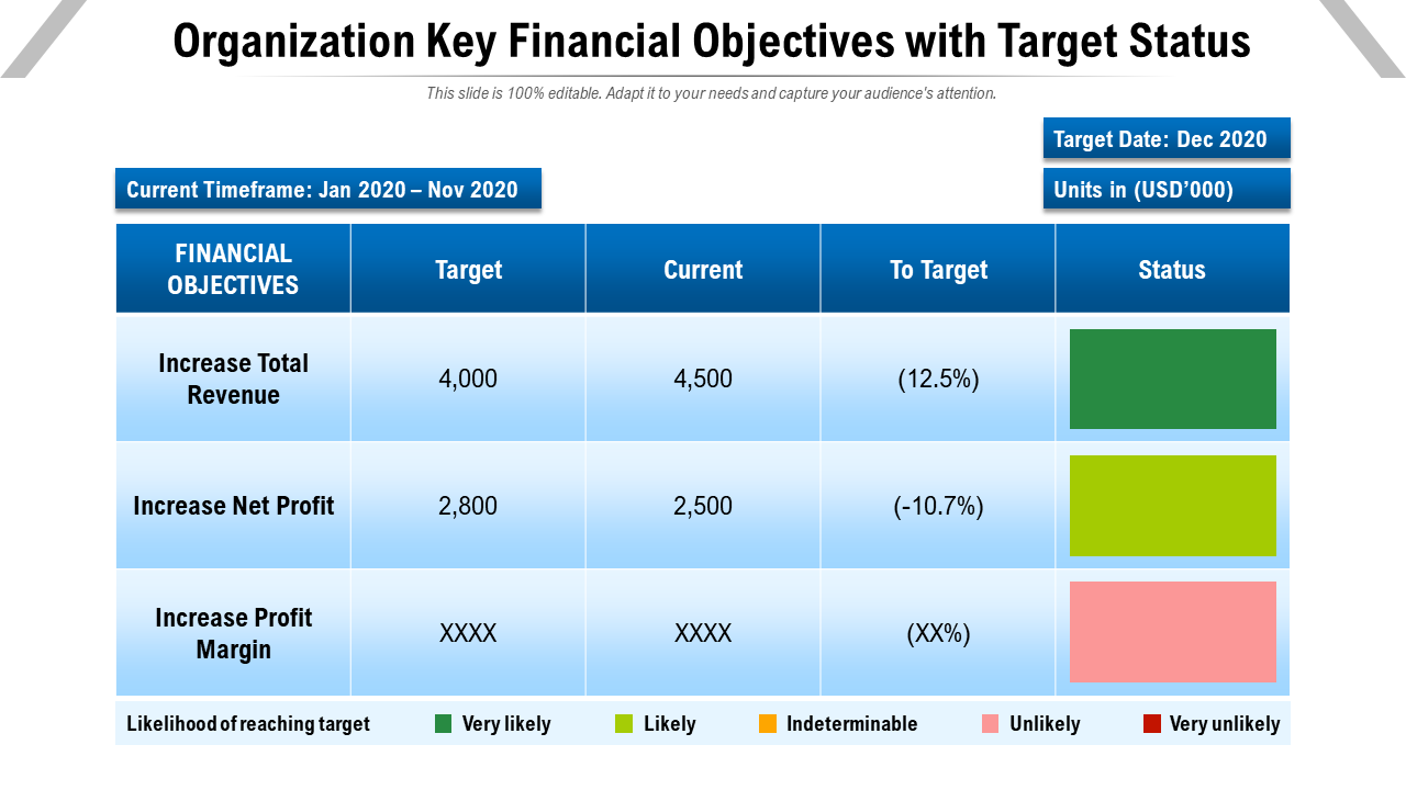 Organization key financial objectives with target status