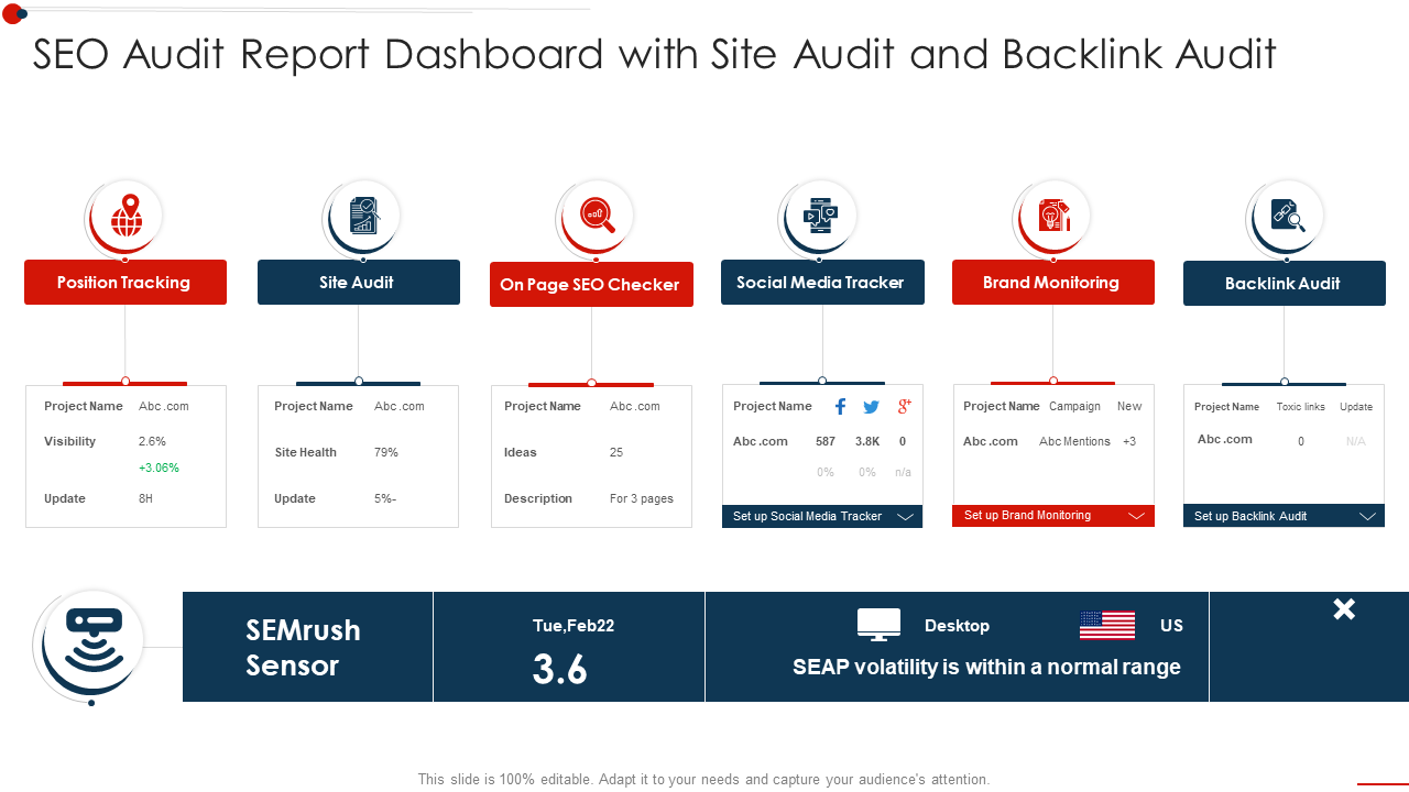 SEO Audit Report Dashboard with Site Audit and Backlink Audit