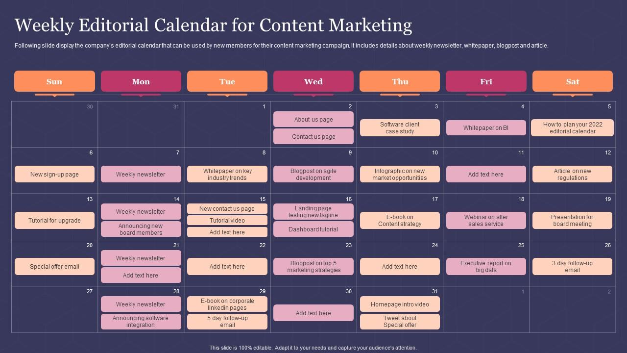 Weekly Editorial Calendar For Content Marketing PPT Template