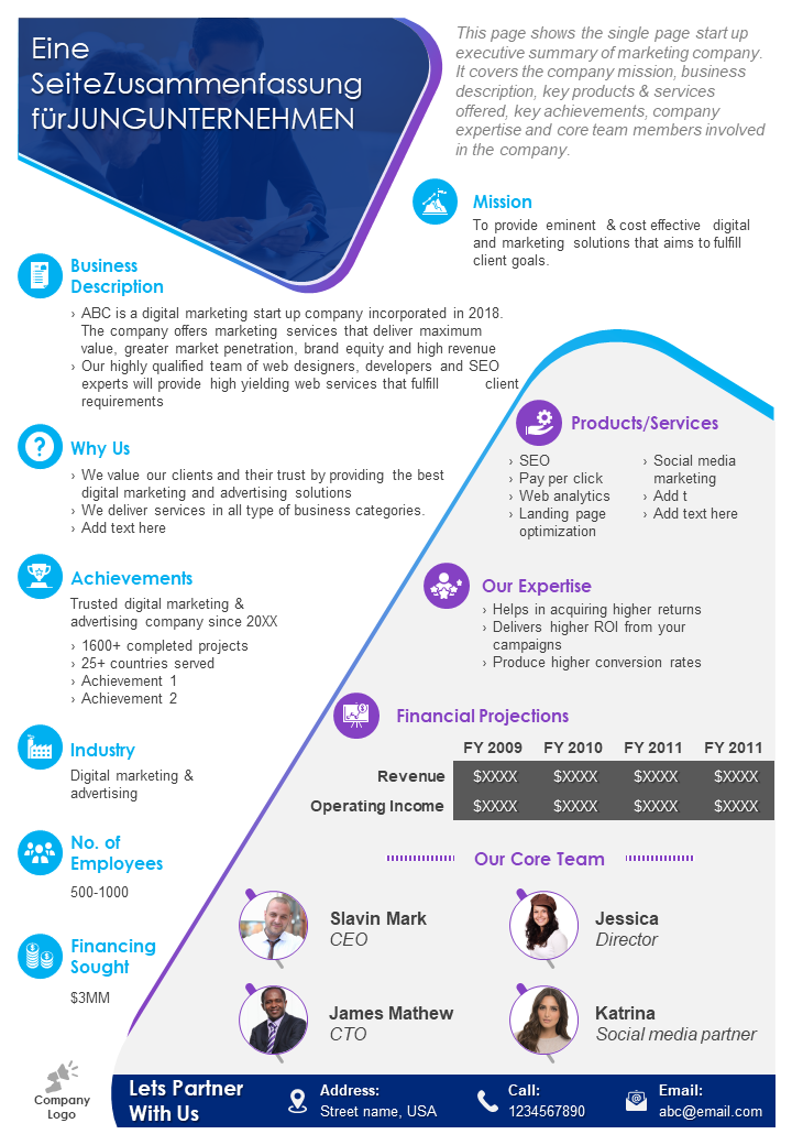 eine Seite Zusammenfassung für den Präsentationsbericht des Start-up-Unternehmens Infografik ppt pdf-Dokument wd