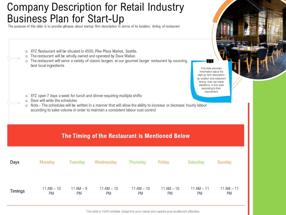 Company description for retail industry business plan for start up ppt summary 