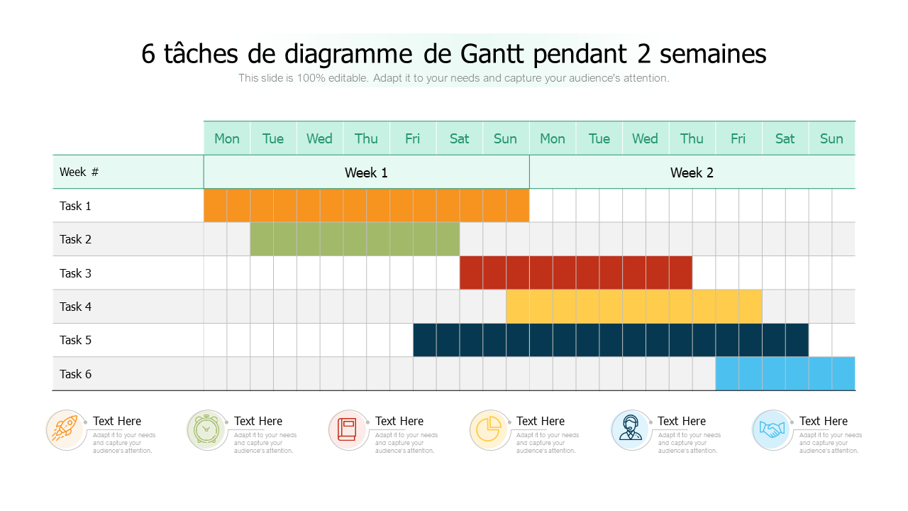 6 tâches de diagramme de Gantt pendant 2 semaines 