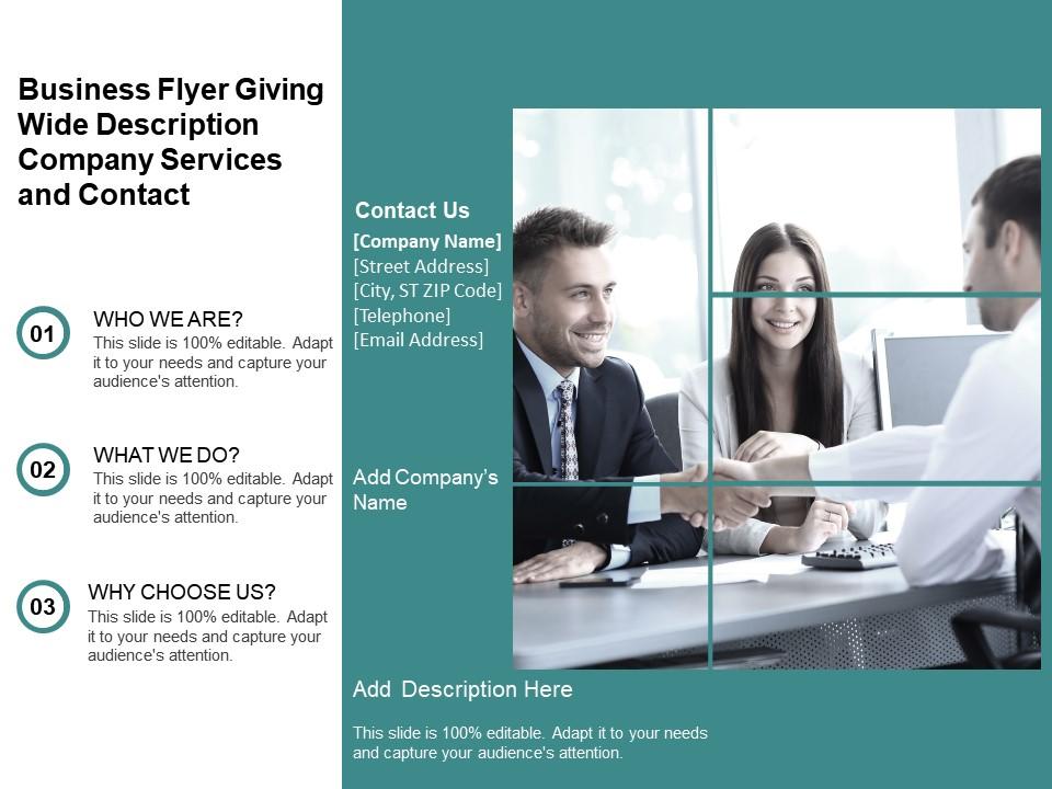 Business flyer giving wide description company services and contact 