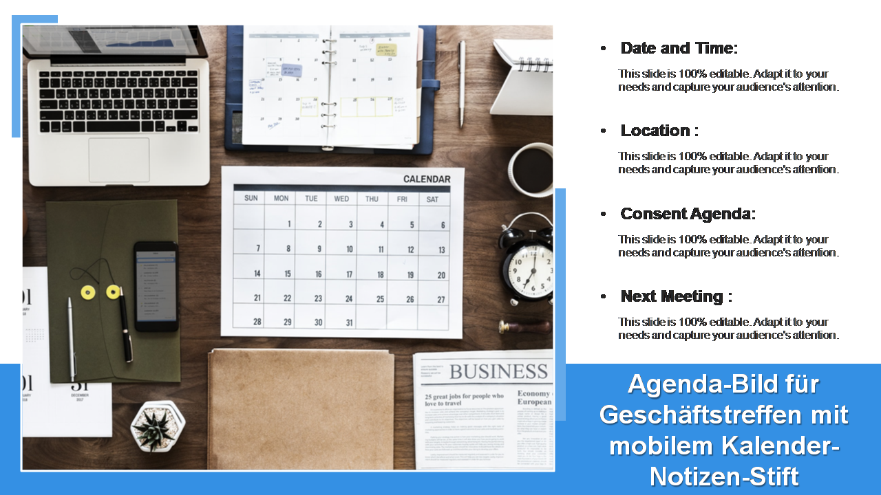Agenda-Bild für Geschäftstreffen mit mobilem Kalender-Notizen-Stift