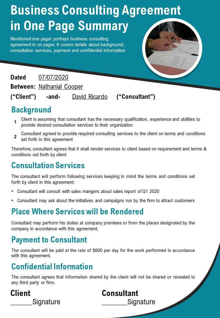 Business Consulting Agreement in One Page Summary