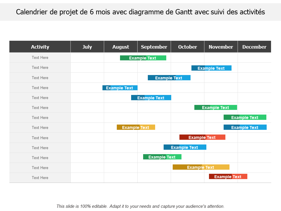 Calendrier de projet de 6 mois avec diagramme de Gantt avec suivi des activités 