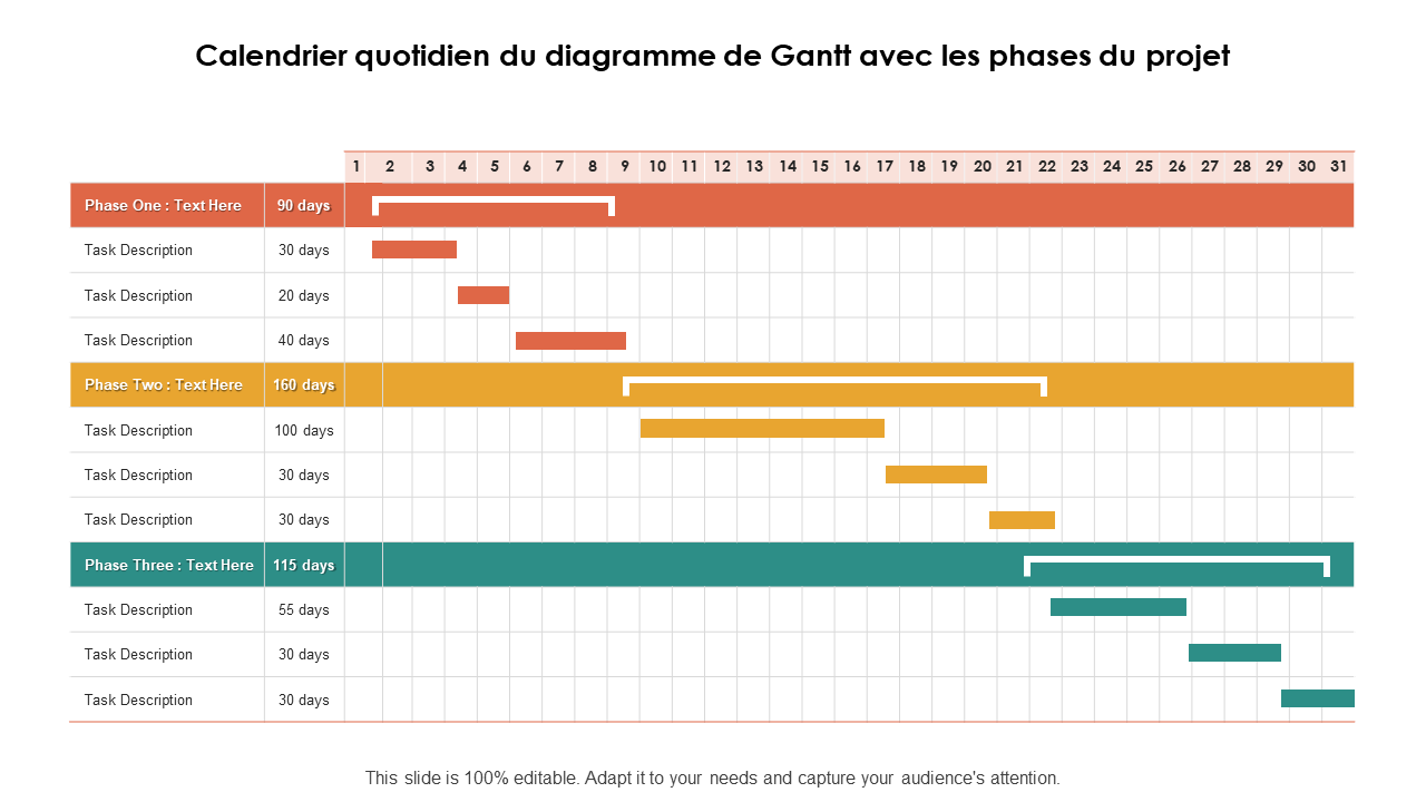 Calendrier quotidien du diagramme de Gantt avec les phases du projet 