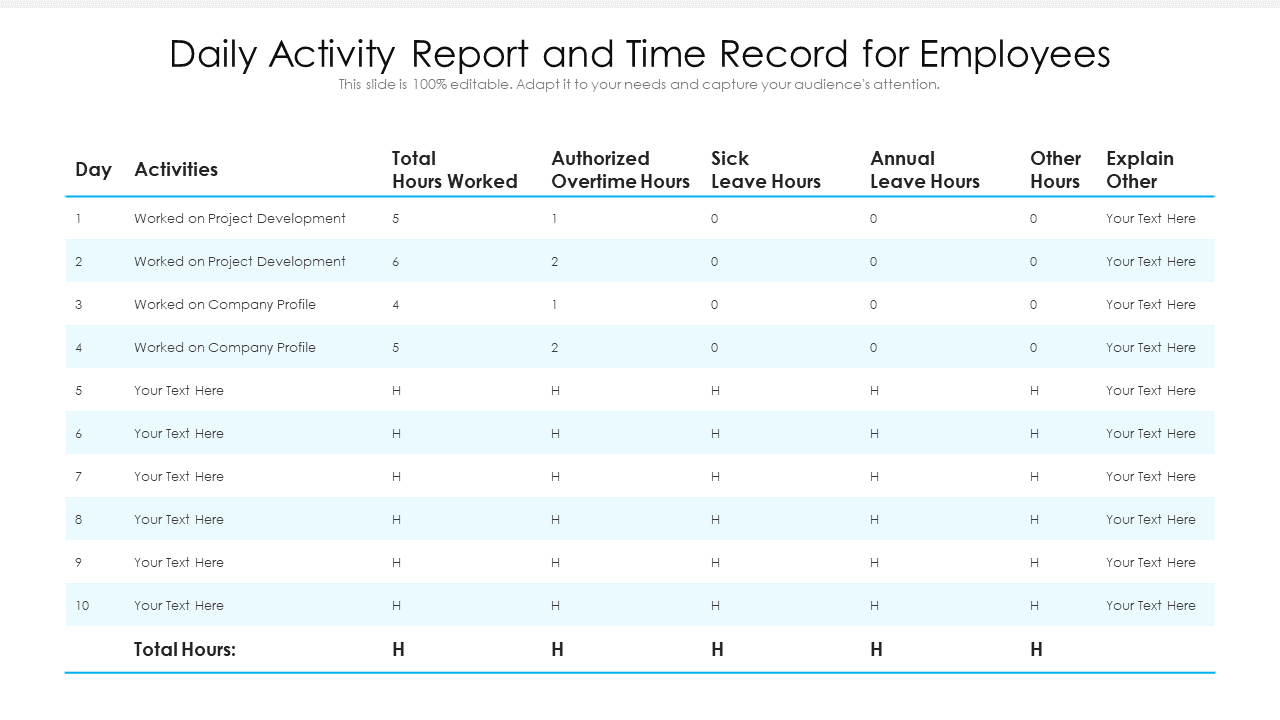 Daily activity report and time record for employees