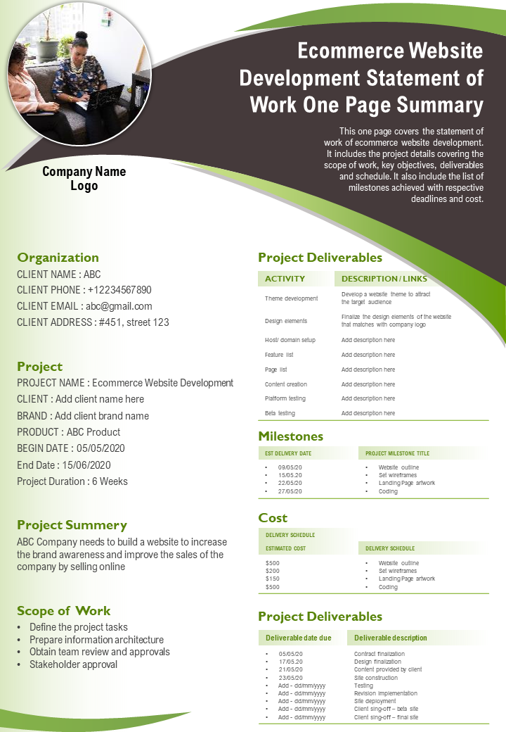Ecommerce Website Development Statement of Work One Page Summary
