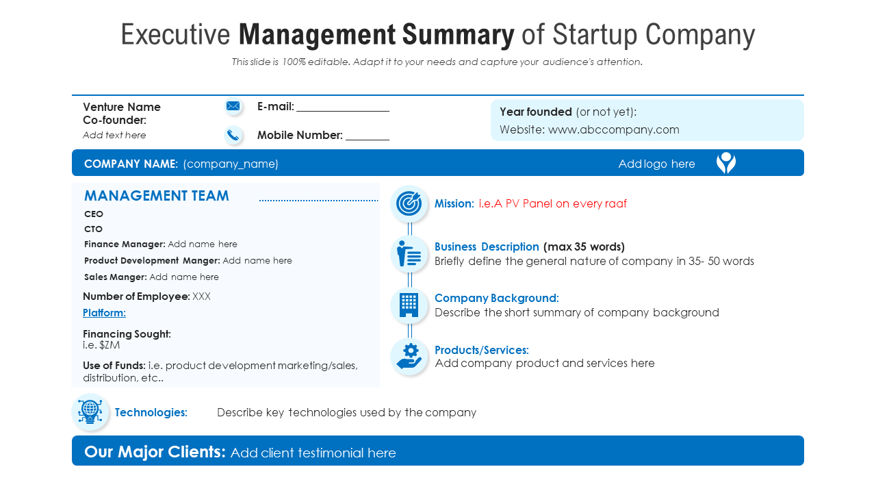 Executive Management Summary of Startup Company