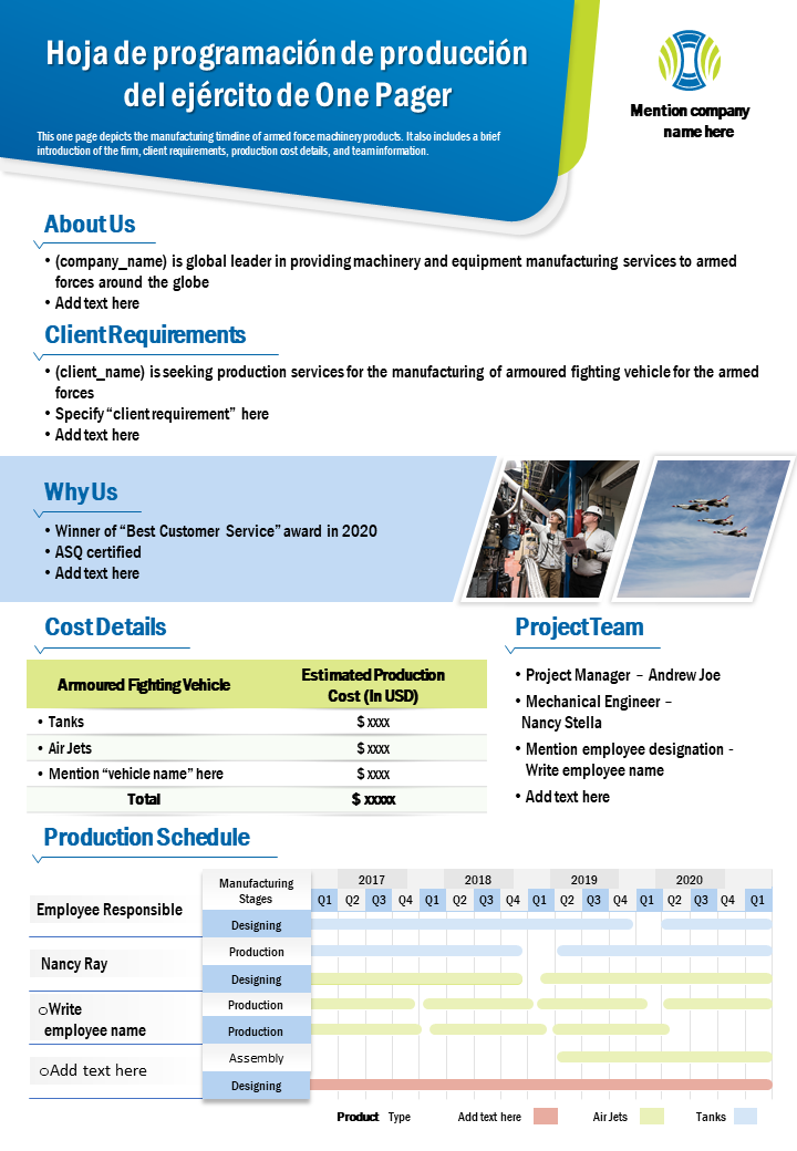 Hoja de programaci&oacute;n de producci&oacute;n del ej&eacute;rcito de One Pager 