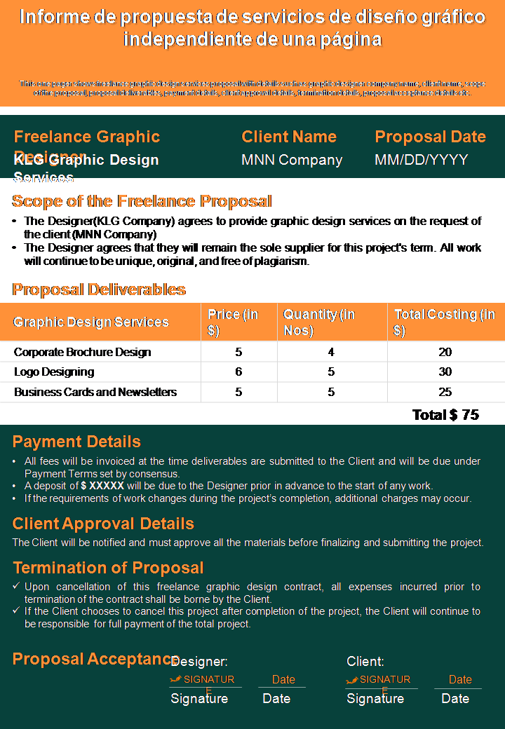 Informe de propuesta de servicios de diseño gráfico independiente de una página