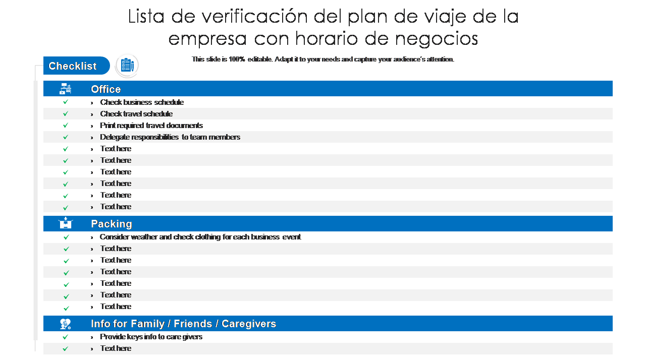 Lista de verificación del plan de viaje de la empresa con horario de negocios Lista de verificación del plan de viaje de la empresa con horario de negocios