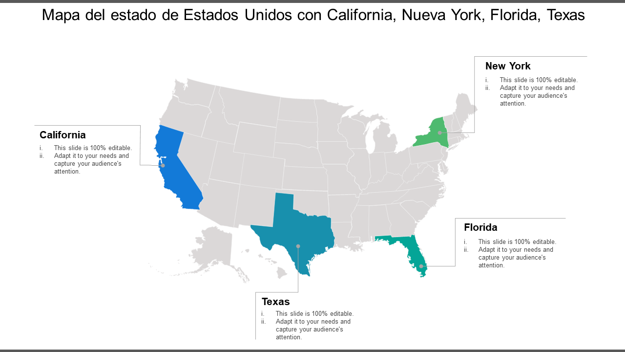 Mapa del estado de Estados Unidos con California, Nueva York, Florida, Texas 