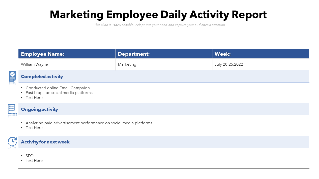 Marketing employee daily activity report