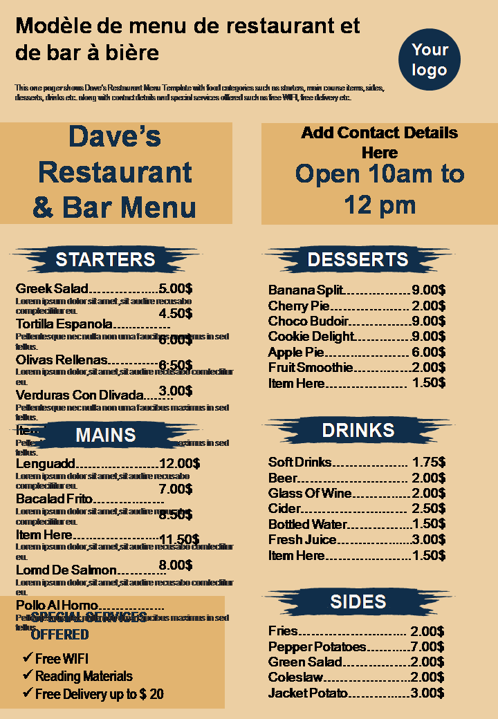 Modèle de menu de restaurant et de bar à bière 