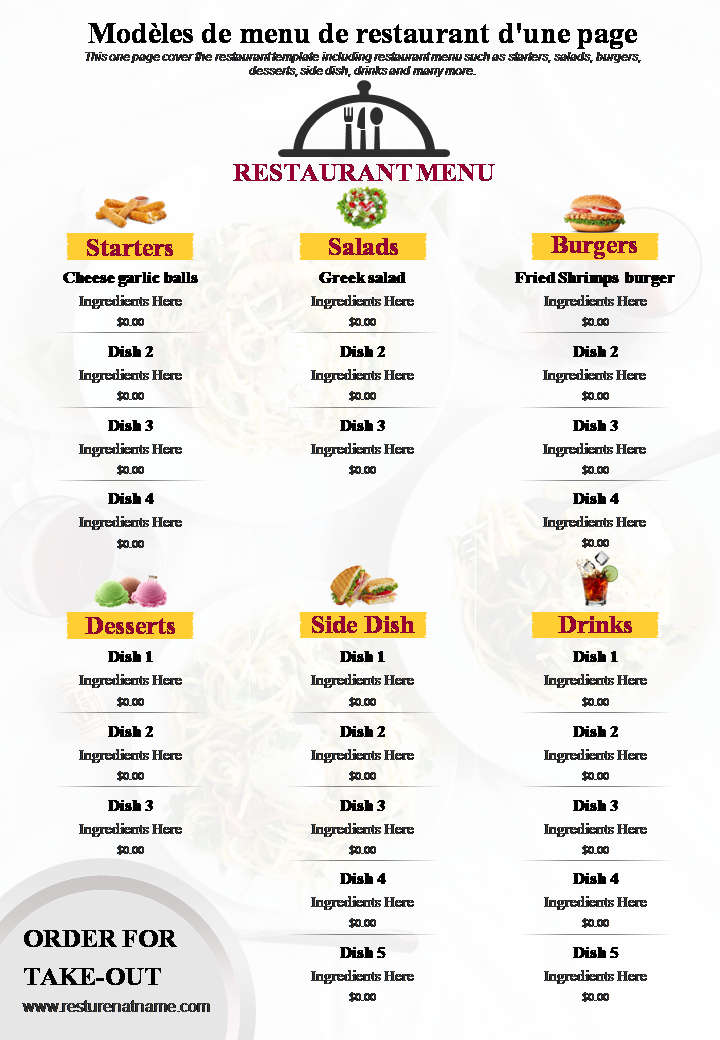 Modèles de menu de restaurant d'une page 