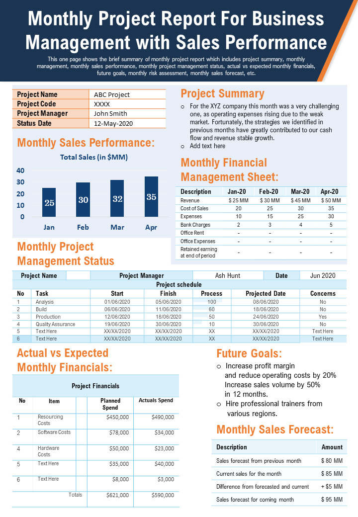 Monthly Project Report For Business Management with Sales Performance