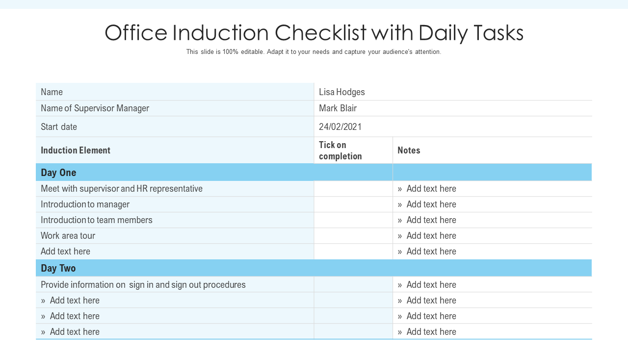 Office Induction Checklist with Daily Tasks