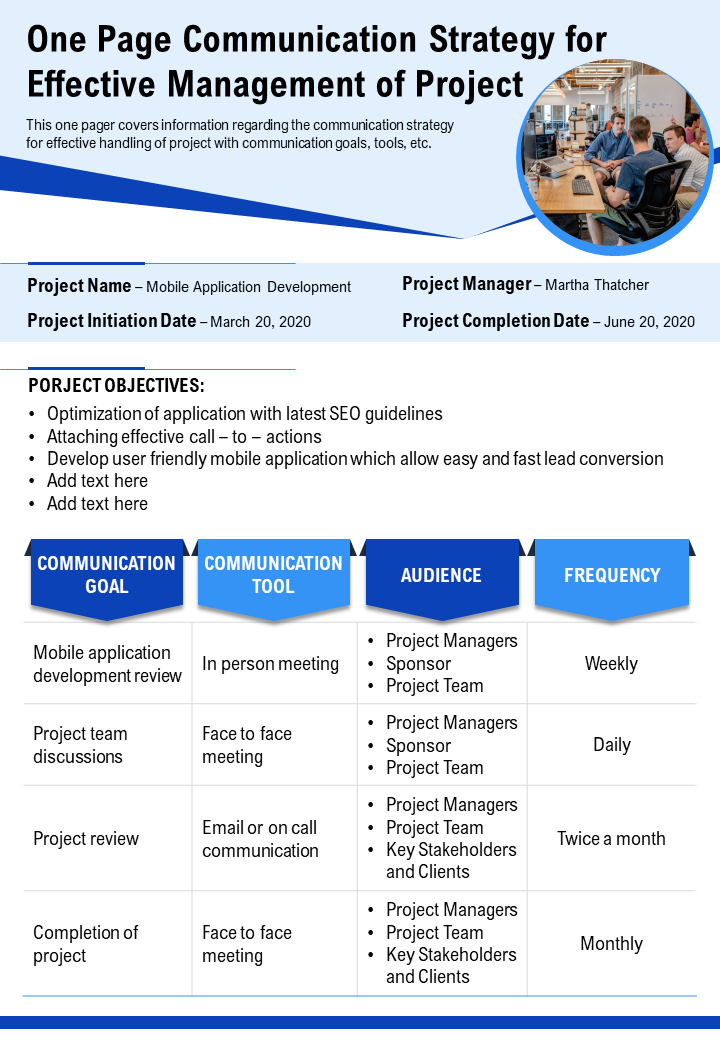 One Page Communication Strategy for Effective Management of Project